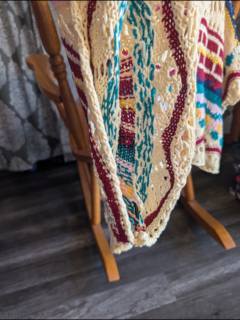 Vintage-Inspired Multicolor Crochet Knit Sweater - Cream & Teal - Picture 3 of 4